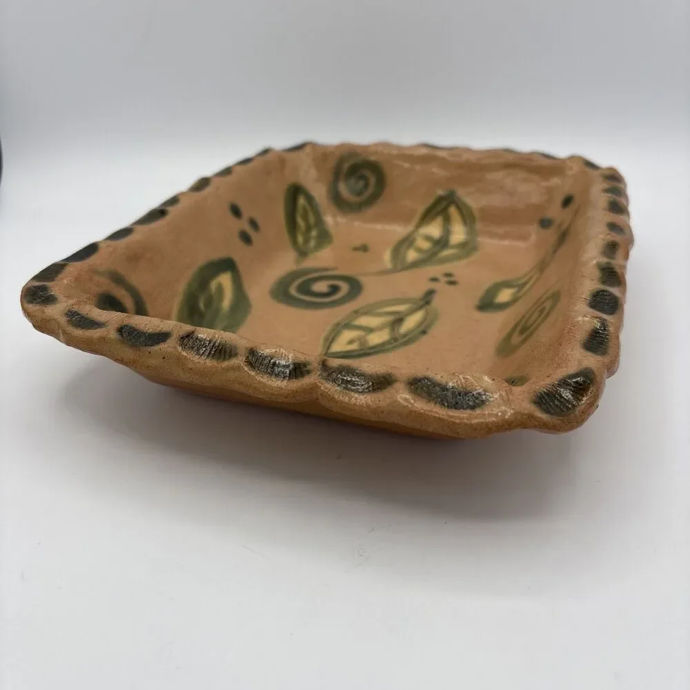 Vintage Signed Studio Pottery Tray Hand Painted Leaf Swirl Motif Terracotta Dish